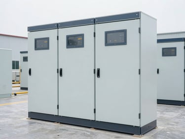 Straight-on technical elevation of a medium-voltage switchgear cabinet, clean factory floor, bright overcast daylight, sharp focus