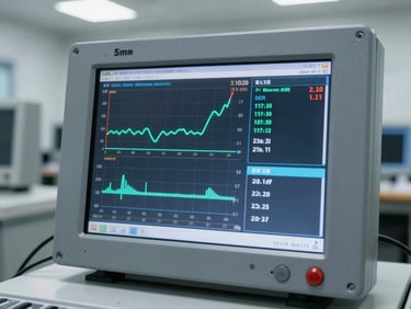 Close-up of a digital terminal interface displaying real-time voltage curves and telemetry data on a high-resolution screen inside a clean control room.