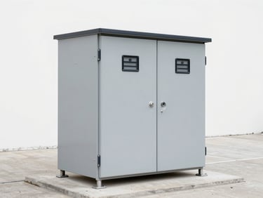 Low-profile American-style pad-mounted substation on a concrete pad, clean technical detail, sharp focus, 35mm