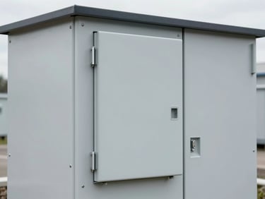 Close-up of a compact European-style prefabricated substation enclosure, clean industrial setting, overcast daylight, 35mm