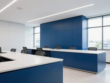 Immaculate modern corporate office interior, polished surfaces, bright natural daylight, clean white and deep blue tones, sharp focus.