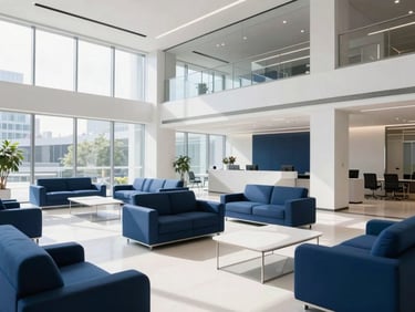 Wide shot of a modern, pristine corporate office lobby with geometric furniture, bright natural light, deep blue and white tones, sharp focus, crisp commercial photography.