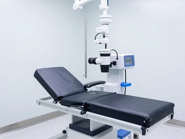 Sterile medical examination room, gleaming equipment, bright natural daylight, clean white and deep blue tones, sharp focus.