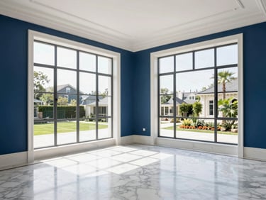 Opulent luxury estate interior, polished marble floors, large windows, bright natural daylight, clean white and deep blue tones, sharp focus.