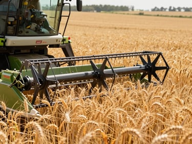 Detail shot of a harvesting machine's cutting mechanism, golden wheat fields in background, bright daylight, 35mm