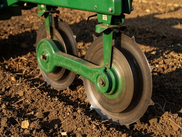 Close-up of a power tiller's rotating blades in rich, dark soil, bright daylight, sharp focus, 35mm
