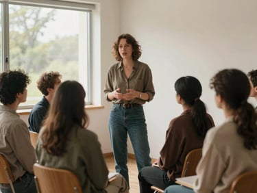 Wide environmental shot of a woman standing in a bright room, natural daylight from a side window, speaking to a small seated group, candid mid-gesture, warm earth tones in clothing