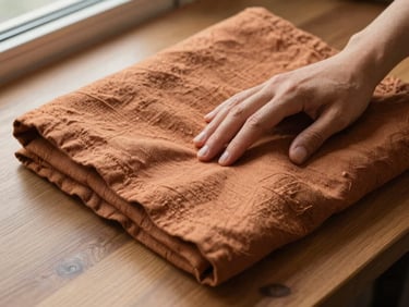 Close-up of hands smoothing a folded linen garment on a wooden surface, natural north-facing window light, fabric texture visible, warm ochre tones, editorial framing from above