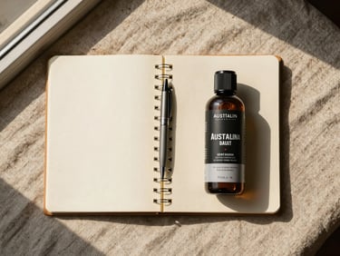Overhead flat-lay of a notebook, pen, and small Australian-made hair product bottle arranged on aged linen fabric, golden hour light from a nearby window, intentional negative space on the left