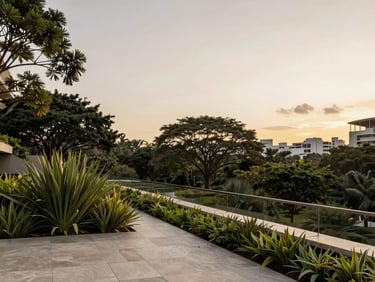 Close-up of luxury building terrace with lush green landscaping, overlooking Parque Ibirapuera canopy, soft overcast daylight.
