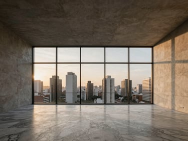 Wide panoramic view of a minimalist luxury penthouse interior, double-height ceiling, raw concrete walls, Italian travertine marble floor, large glass windows showing São Paulo skyline at golden hour.