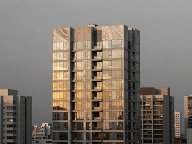 Architectural close-up of a luxury penthouse in São Paulo at twilight, desaturated graphite tones with warm champagne gold lighting reflecting on glass and marble facades, minimalist composition, medium format lens.