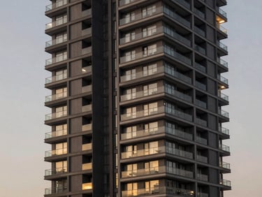Sweeping modern high-rise residential building in Itaim Bibi at twilight, architectural lighting, deep graphite steel balconies, clean lines