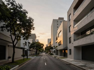 Quiet tree-lined street in Jardins, São Paulo, elegant low-rise residential architecture, soft dappled morning light, minimalist composition.