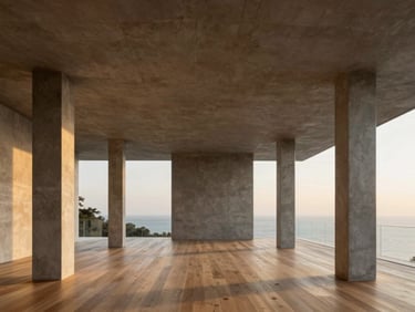 Minimalist luxury penthouse interior in Vila Nova Conceição, soaring ceilings, raw concrete pillars, warm oak flooring, soft evening light