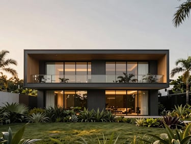 Architectural shot of a modern luxury house facade in Jardins, lush tropical landscaping, minimalist steel and glass structure, golden hour