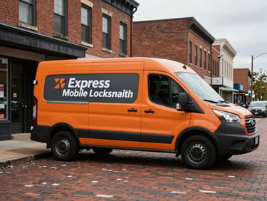 Wide environmental shot of a branded orange and charcoal Express Mobile Locksmith service van parked along a historic brick street in Lakewood, Cleveland, overcast daylight, realistic texture.
