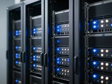 Macro shot of physical server rack cabinet with blue and white status lights, cool-toned, high-contrast studio lighting, structured architectural framing.