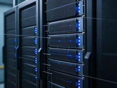 Cool-toned, high-contrast macro shot of physical data center server racks, illuminated by sharp blue LED indicator lights, structured blueprint grid overlay.