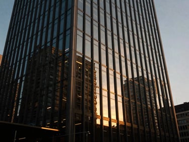 Low-angle architectural perspective of a modern glass skyscraper reflecting twilight golden hour light, deep shadows, dark obsidian tones, 35mm film aesthetic.