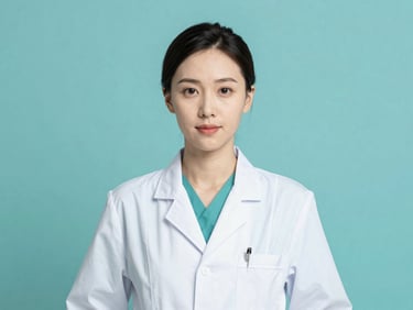Professional portrait of a female board-certified physician, clean clinical studio lighting, sterile teal tones.