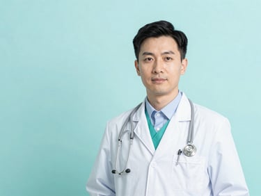 Professional portrait of a male board-certified physician in a clean clinical setting, bright high-key studio lighting, sterile teal tones.