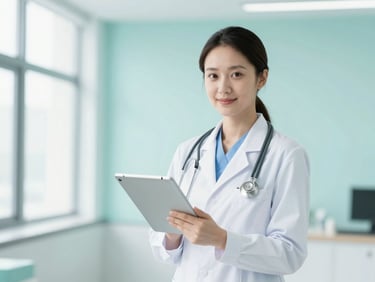 Professional portrait of a board-certified doctor holding a digital tablet in a bright, modern clinical setting, clean daylighting