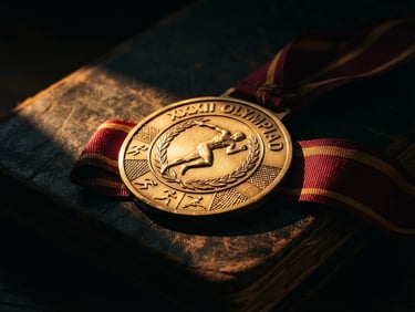Close-up of an official gold medal resting on a dark leather ledger, dramatic golden hour highlight, high-contrast shadows.