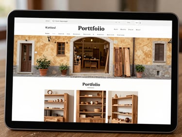 A close-up of a rustic, elegant website layout displayed on a tablet screen, showing a portfolio for an Italian artisanal woodwork shop, warm daylight, soft shadows