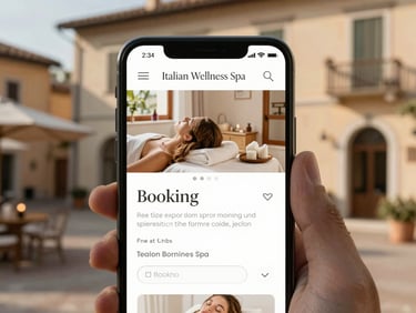 A close-up of a clean, soothing website layout displayed on a smartphone screen, showing a booking page for an Italian wellness spa, warm morning light, soft editorial photography