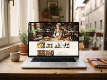 A modern laptop on a clean wooden desk showing a beautifully designed website for an Italian local business, soft natural morning light, warm editorial photography, 35mm lens