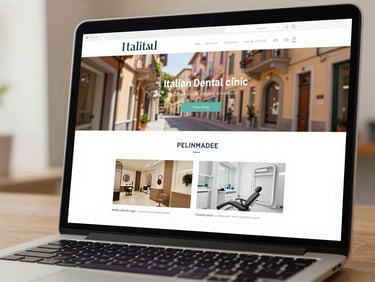 A close-up of a modern, minimal website layout displayed on a sleek laptop screen, showing a clean design for an Italian dental clinic, soft natural light, warm editorial photography