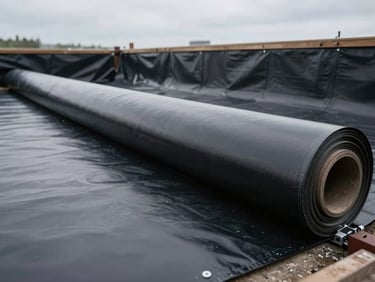 Close-up shot of a thick, smooth black HDPE geomembrane sheet being unrolled at a containment site, overcast sky, sharp technical focus.