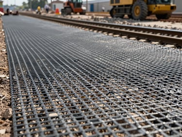 Close-up of high-strength geogrid mesh laid over subgrade soil on a railway construction site, heavy machinery blurred in the background, sharp focus.