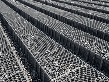 Close-up of an expanded geocell honeycomb structure filled with gravel, demonstrating structural soil confinement.