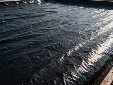 Close-up of a thick black geomembrane liner sheet, showing the textured impermeable surface, clean industrial lighting.
