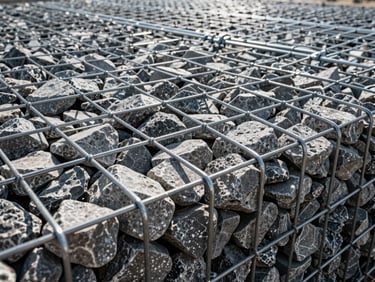Close-up of a double-twisted wire mesh gabion basket filled with heavy grey stones, high-contrast daylight.