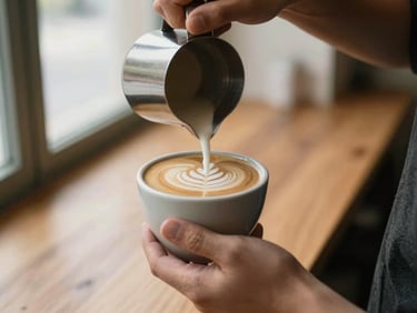 Close-up of a barista pouring latte art into a ceramic cup, soft natural window light, warm tones, shallow depth of field