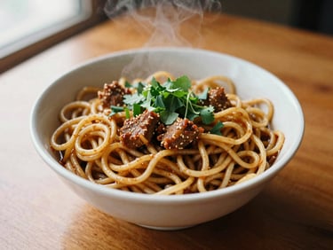 A steaming bowl of a local Malaysian noodle dish, garnished with fresh herbs, on a wooden table, warm editorial food photography, 35mm