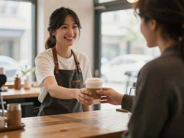 Smiling barista handing a coffee cup to a customer at a warm café counter, soft natural window light, inviting atmosphere, 35mm