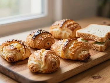 Assortment of freshly baked pastries and a small sandwich on a wooden board, soft natural light, appetizing, warm tones
