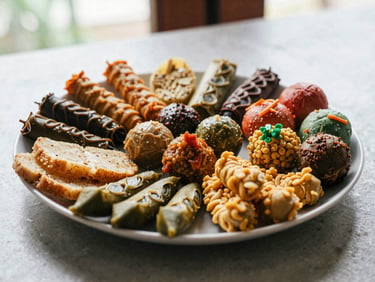 A plate of assorted colourful Malaysian snacks, appetizing and vibrant, on a textured table, natural daylight, medium close-up, 35mm