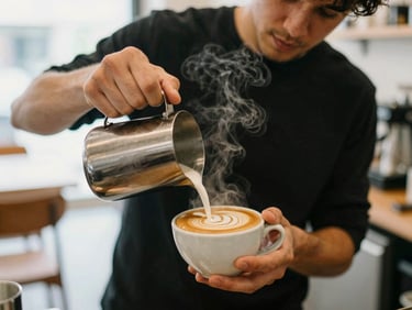 A barista pouring latte art into a ceramic cup, steam rising, warm coffee shop background, soft focus, 35mm