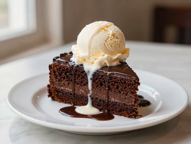 Slice of rich chocolate cake with a scoop of vanilla ice cream, drizzled with sauce, on a white plate, soft studio light, warm tones