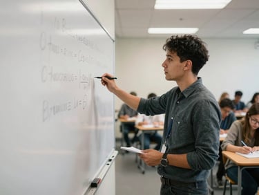 Facilitator at a whiteboard in a classroom setting, participants taking notes at desks in the background, bright institutional interior light, candid documentary shot