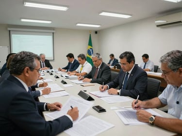 Wide-angle view of a Brazilian municipal meeting room, officials reviewing planning documents spread across a table under fluorescent institutional lighting, documentary framing