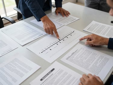 Overhead documentary shot of a structured planning session in a Brazilian public institution, printed policy documents and annotated spreadsheets spread across a wide conference table, two hands pointing at a timeline chart, natural daylight from institutional windows, no faces visible
