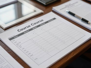 Overhead close-up of a printed course agenda and planning calendar spread on a government meeting table, pens and official documents alongside, even natural light from a nearby window, no faces visible — documentary detail shot