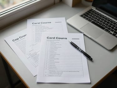 Close overhead shot of workshop materials — printed course handouts, pens, and a laptop keyboard on an institutional desk surface, even natural daylight from a side window, documentary style