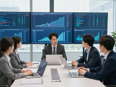 Profissionais de finanças em uma reunião em um escritório moderno, com telas de computador ao fundo exibindo gráficos discretos, luz natural brilhante.